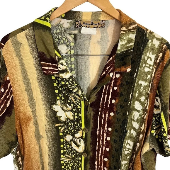 Ashley Stewart Tropical Button Up Shirt Size 20 Earth Tones Floral Striped Spots - Picture 3 of 7